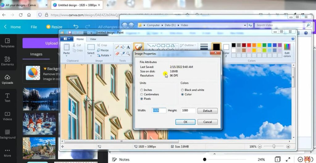 A computer screen displaying Canva and Paint programs, checking image DPI